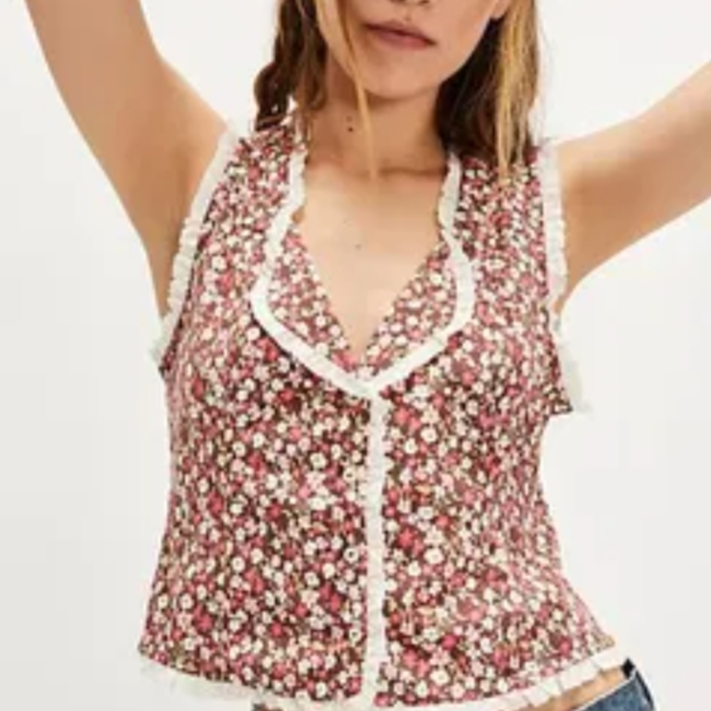 Free People Red Floral Blouse with White Accents